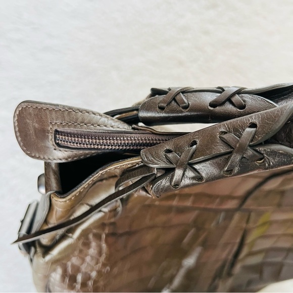 Francesco Biasia Italy Olive Crocodile Print Embossed Leather Large Bag - Picture 13 of 15